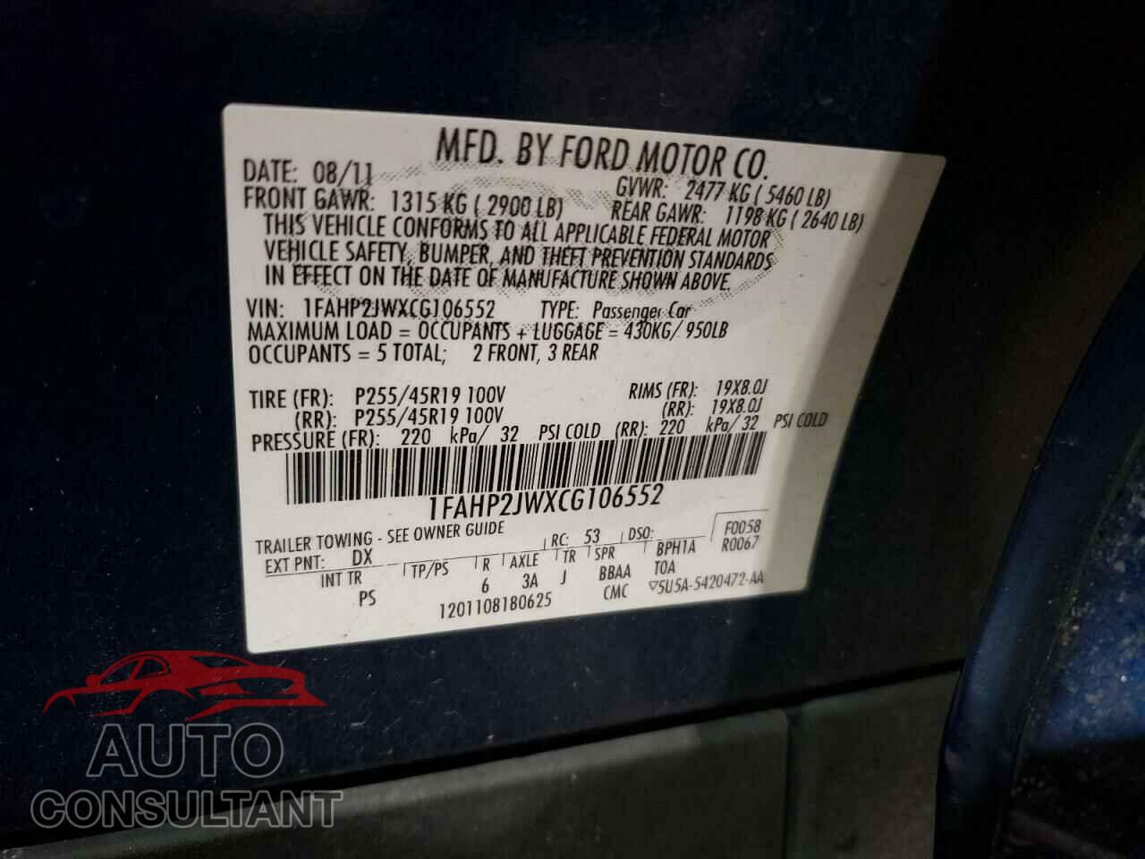 FORD TAURUS 2012 - 1FAHP2JWXCG106552