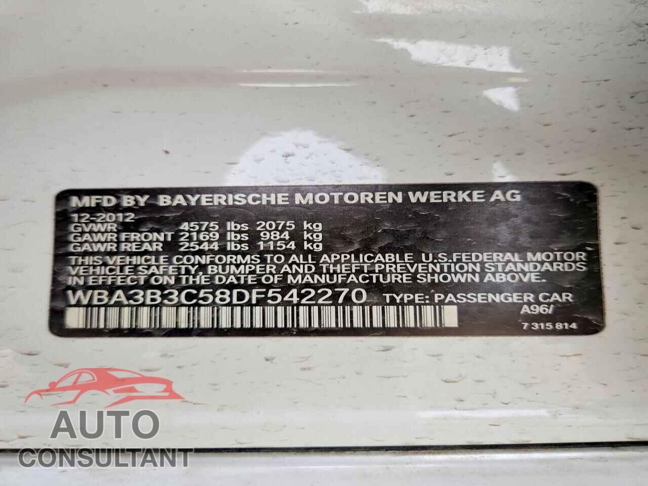 BMW 3 SERIES 2013 - WBA3B3C58DF542270