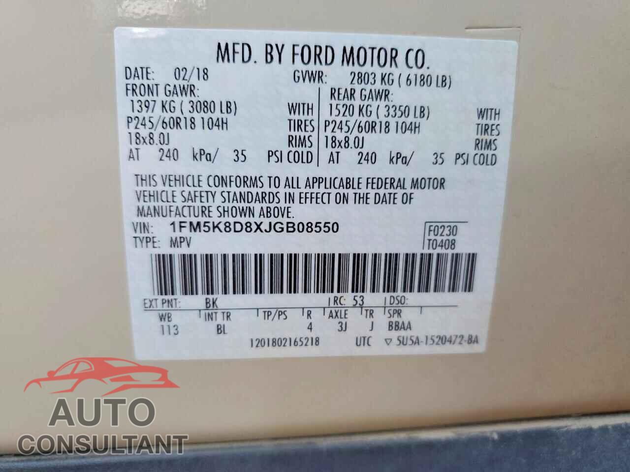 FORD EXPLORER 2018 - 1FM5K8D8XJGB08550