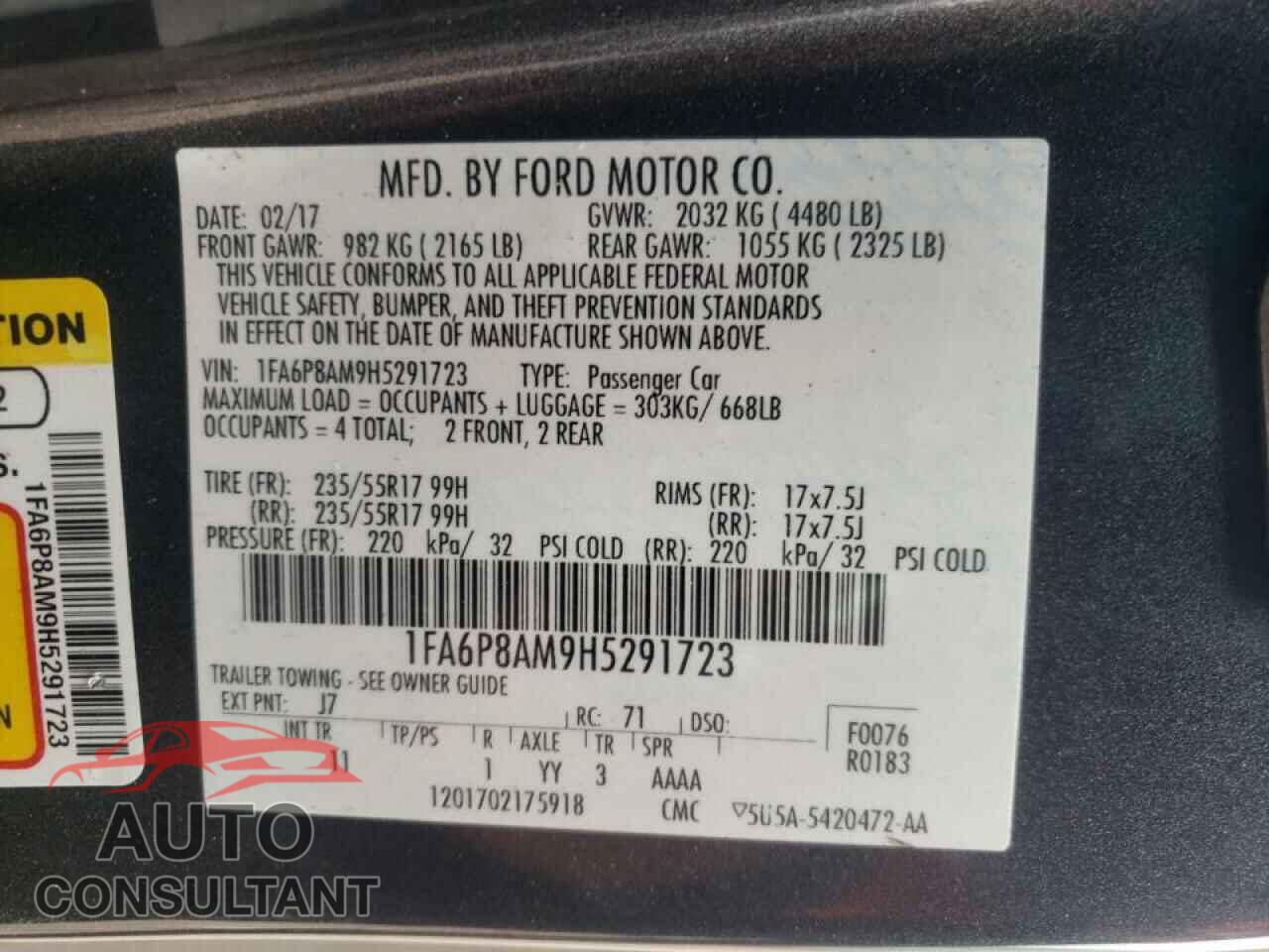 FORD MUSTANG 2017 - 1FA6P8AM9H5291723