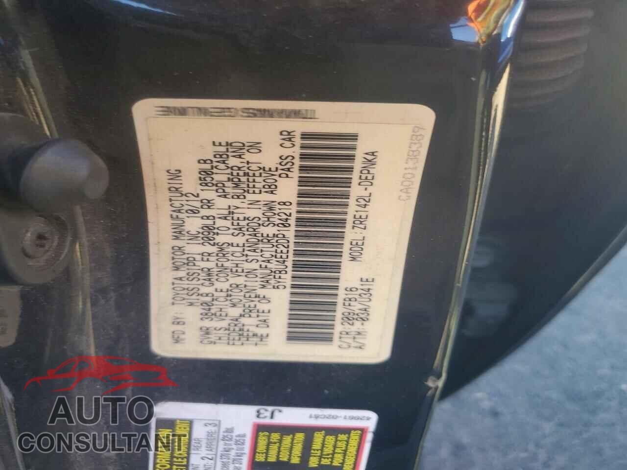 TOYOTA COROLLA 2013 - 5YFBU4EE2DP104218