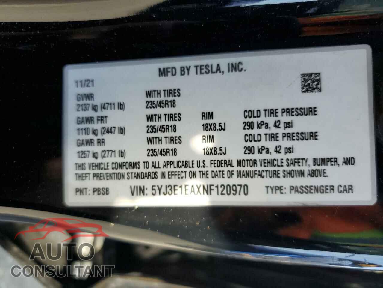 TESLA MODEL 3 2022 - 5YJ3E1EAXNF120970