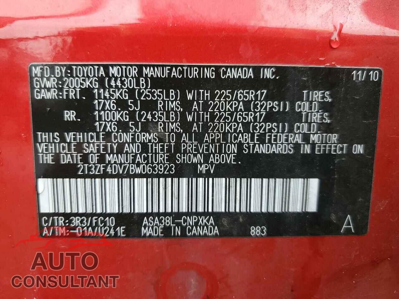 TOYOTA RAV4 2011 - 2T3ZF4DV7BW063923