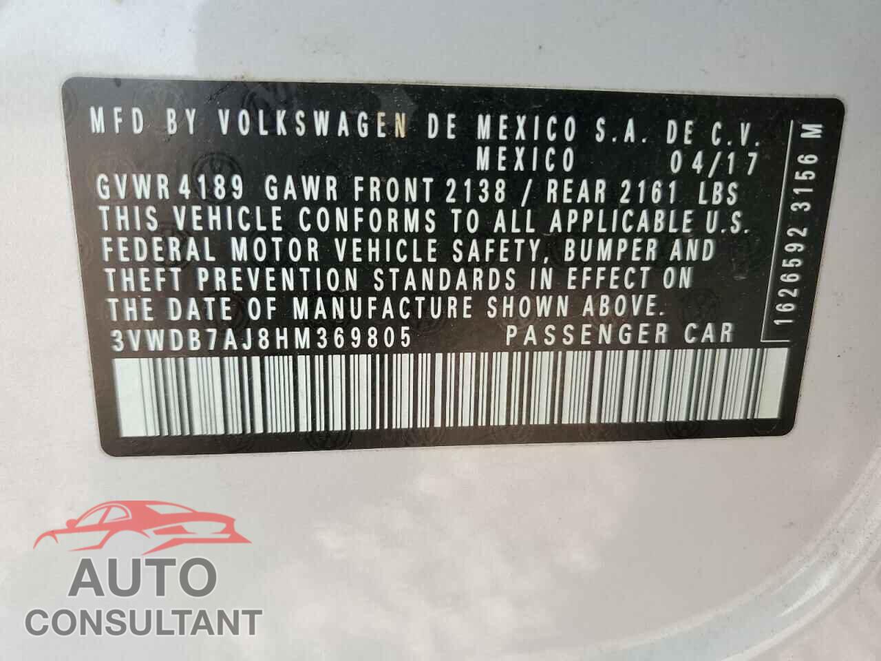 VOLKSWAGEN JETTA 2017 - 3VWDB7AJ8HM369805