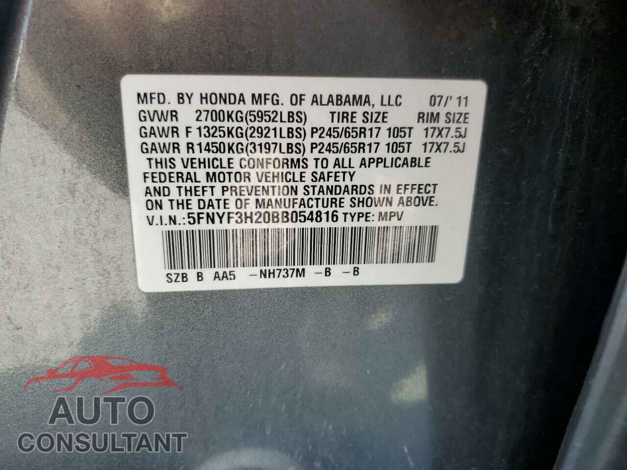 HONDA PILOT 2011 - 5FNYF3H20BB054816