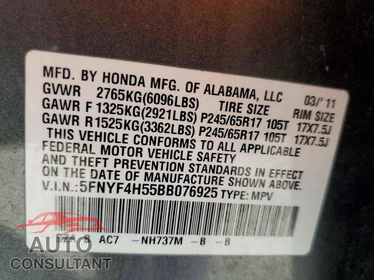 HONDA PILOT 2011 - 5FNYF4H55BB076925