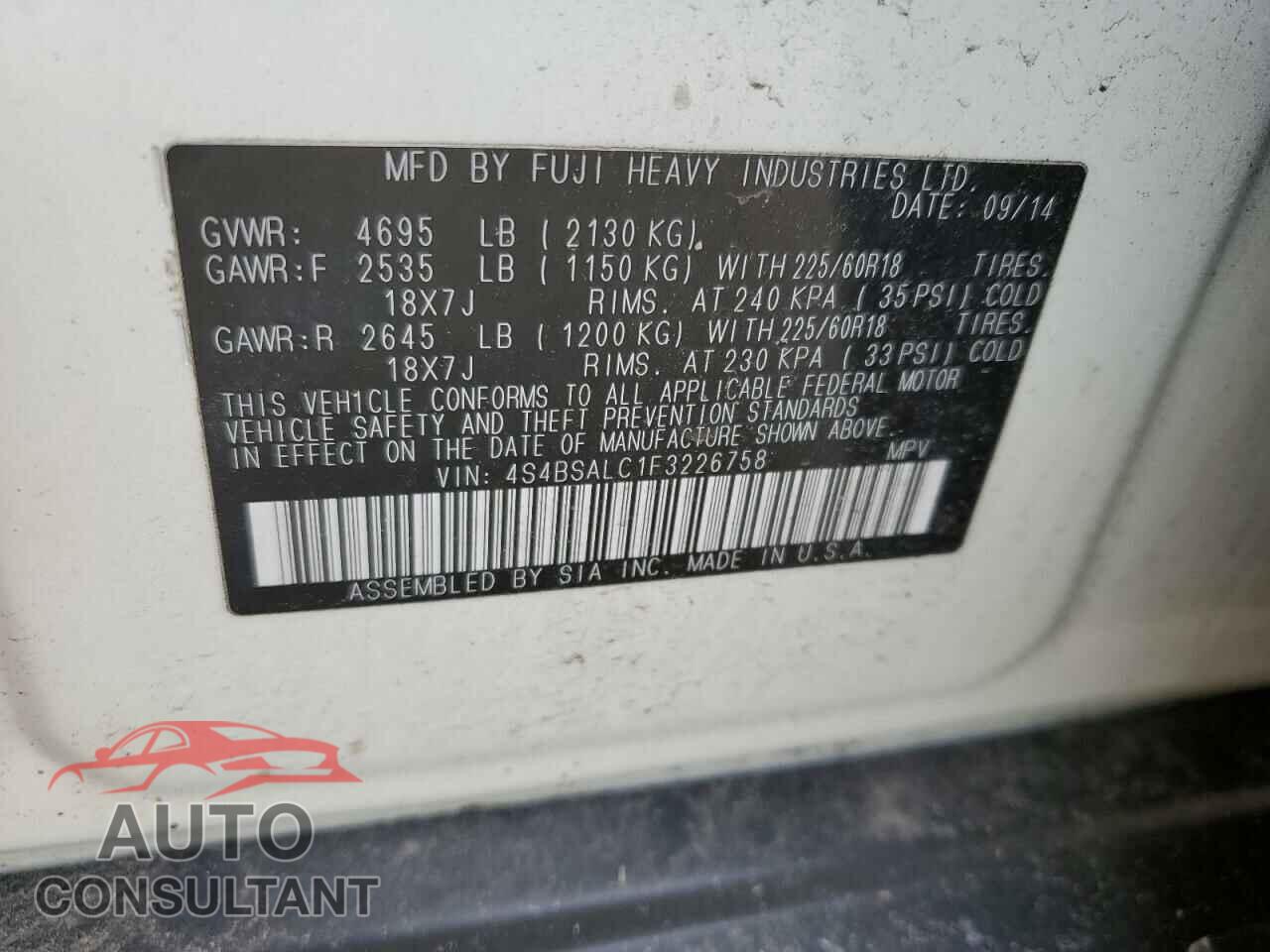 SUBARU OUTBACK 2015 - 4S4BSALC1F3226758
