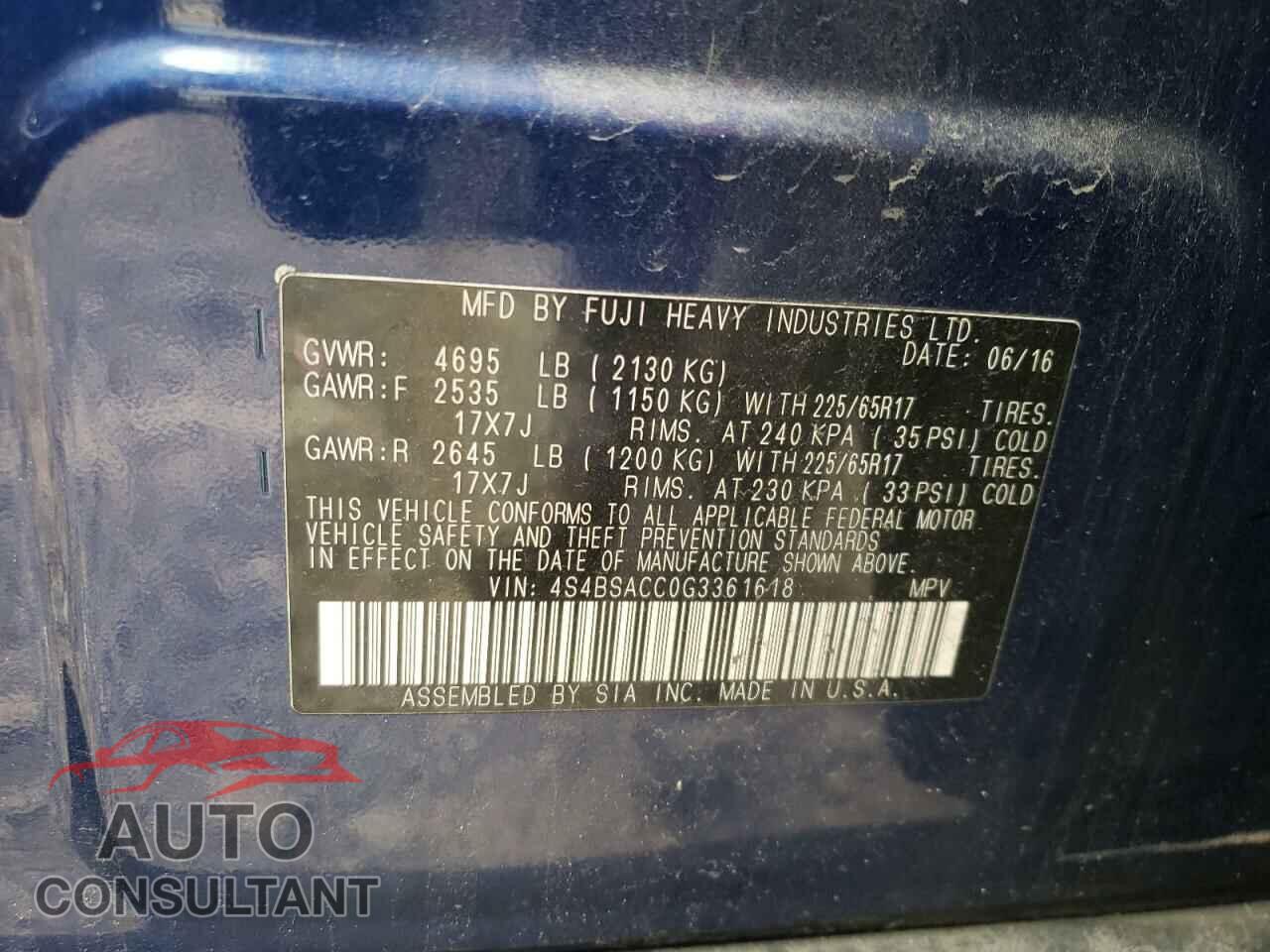SUBARU OUTBACK 2016 - 4S4BSACC0G3361618