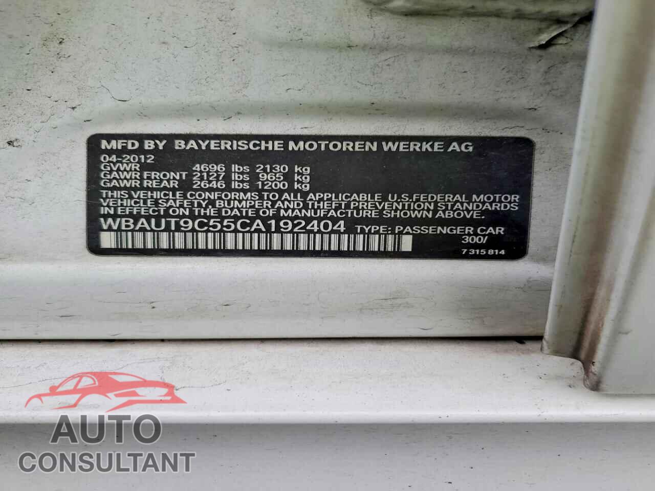 BMW 3 SERIES 2012 - WBAUT9C55CA192404