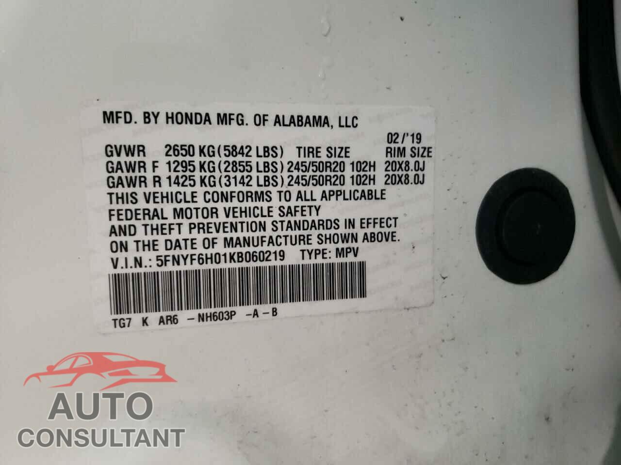 HONDA PILOT 2019 - 5FNYF6H01KB060219