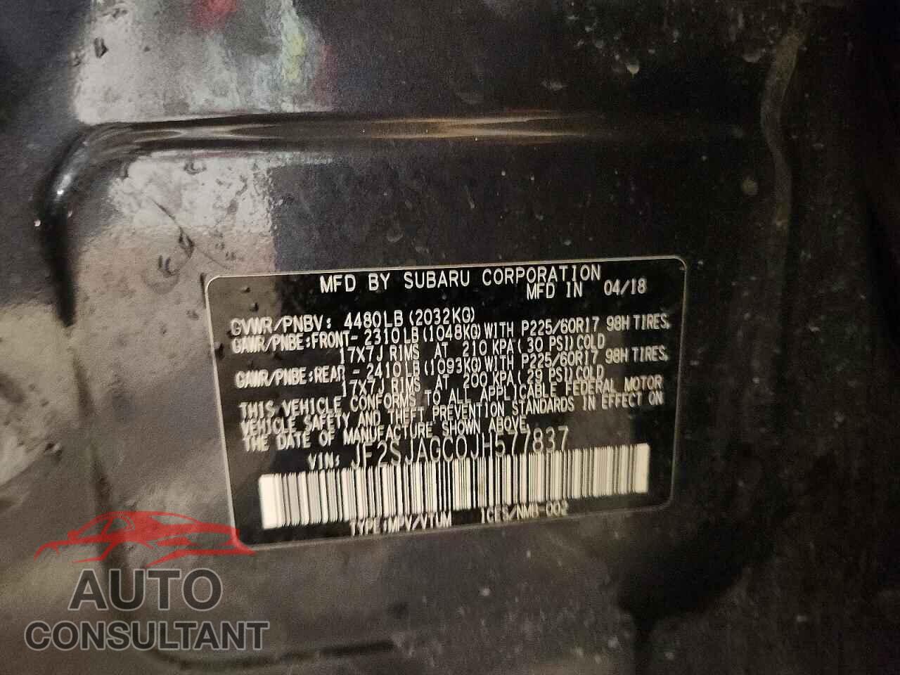 SUBARU FORESTER 2018 - JF2SJAGC0JH577837
