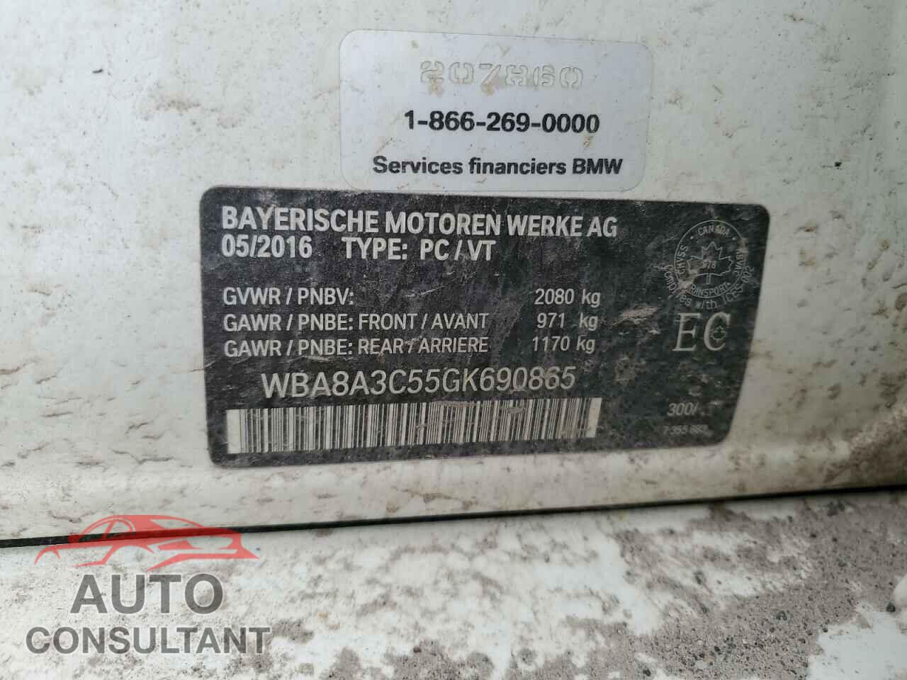 BMW 3 SERIES 2016 - WBA8A3C55GK690865