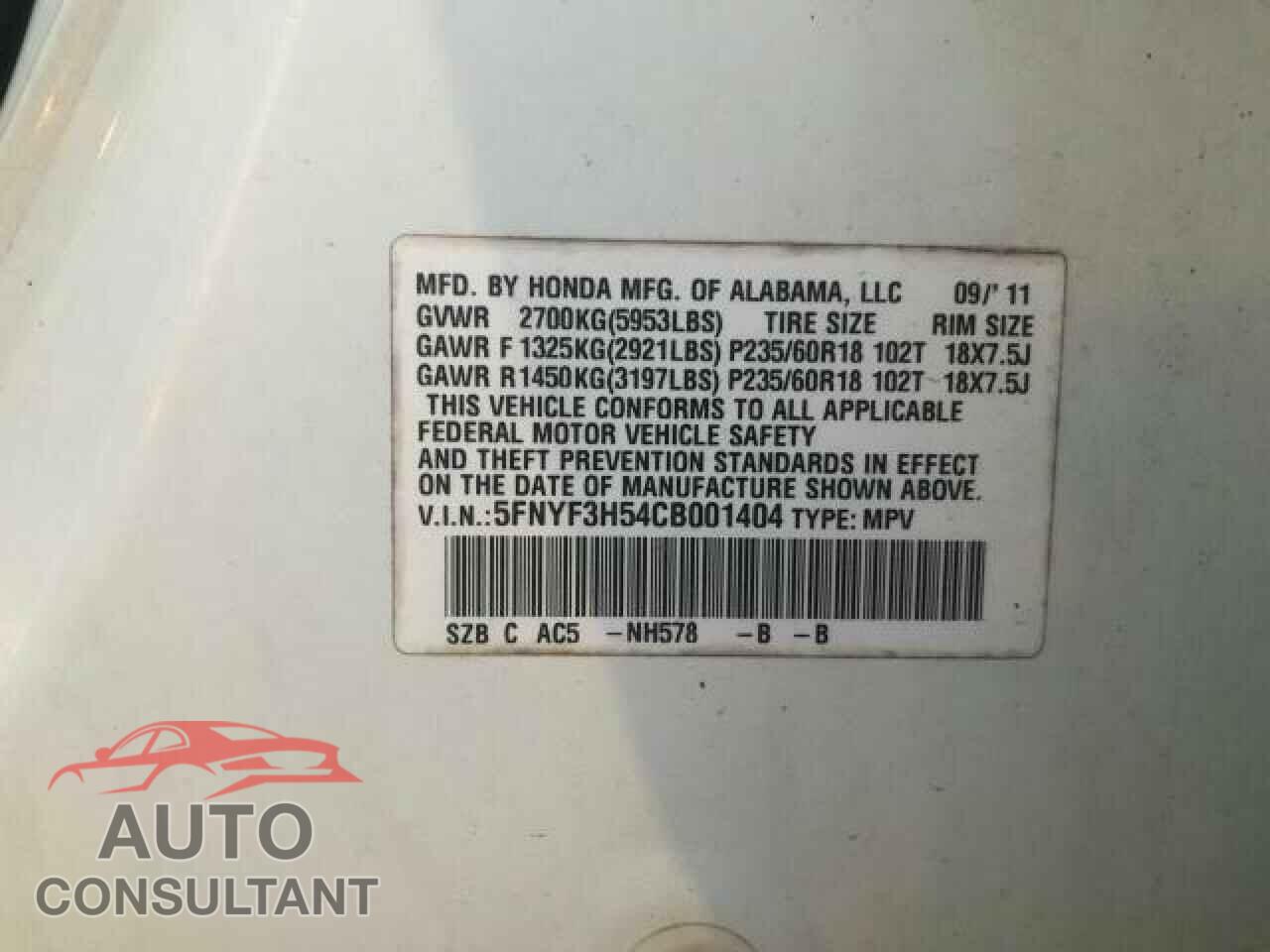 HONDA PILOT 2012 - 5FNYF3H54CB001404