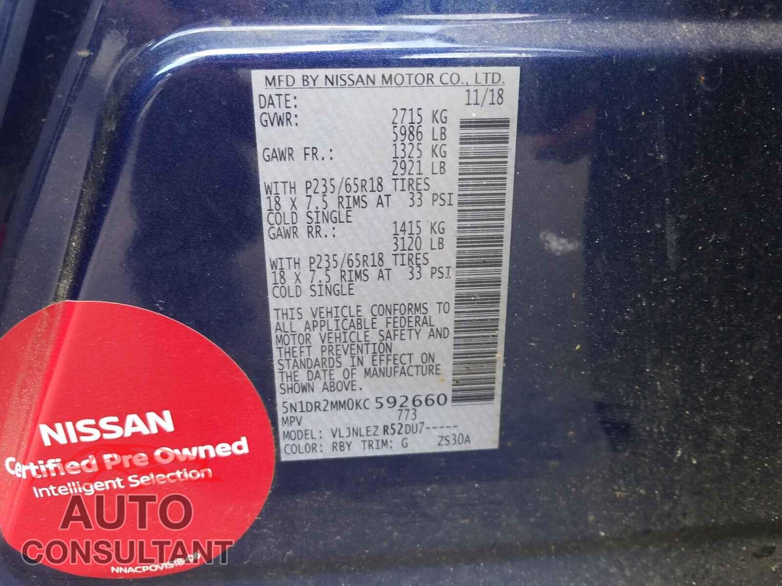 NISSAN PATHFINDER 2019 - 5N1DR2MM0KC592660