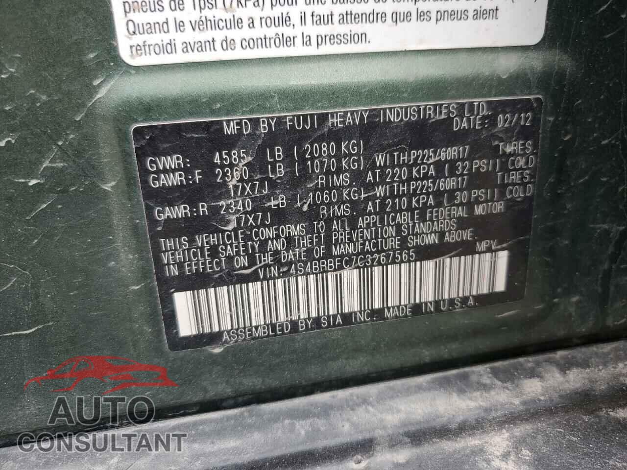 SUBARU OUTBACK 2012 - 4S4BRBFC7C3267565