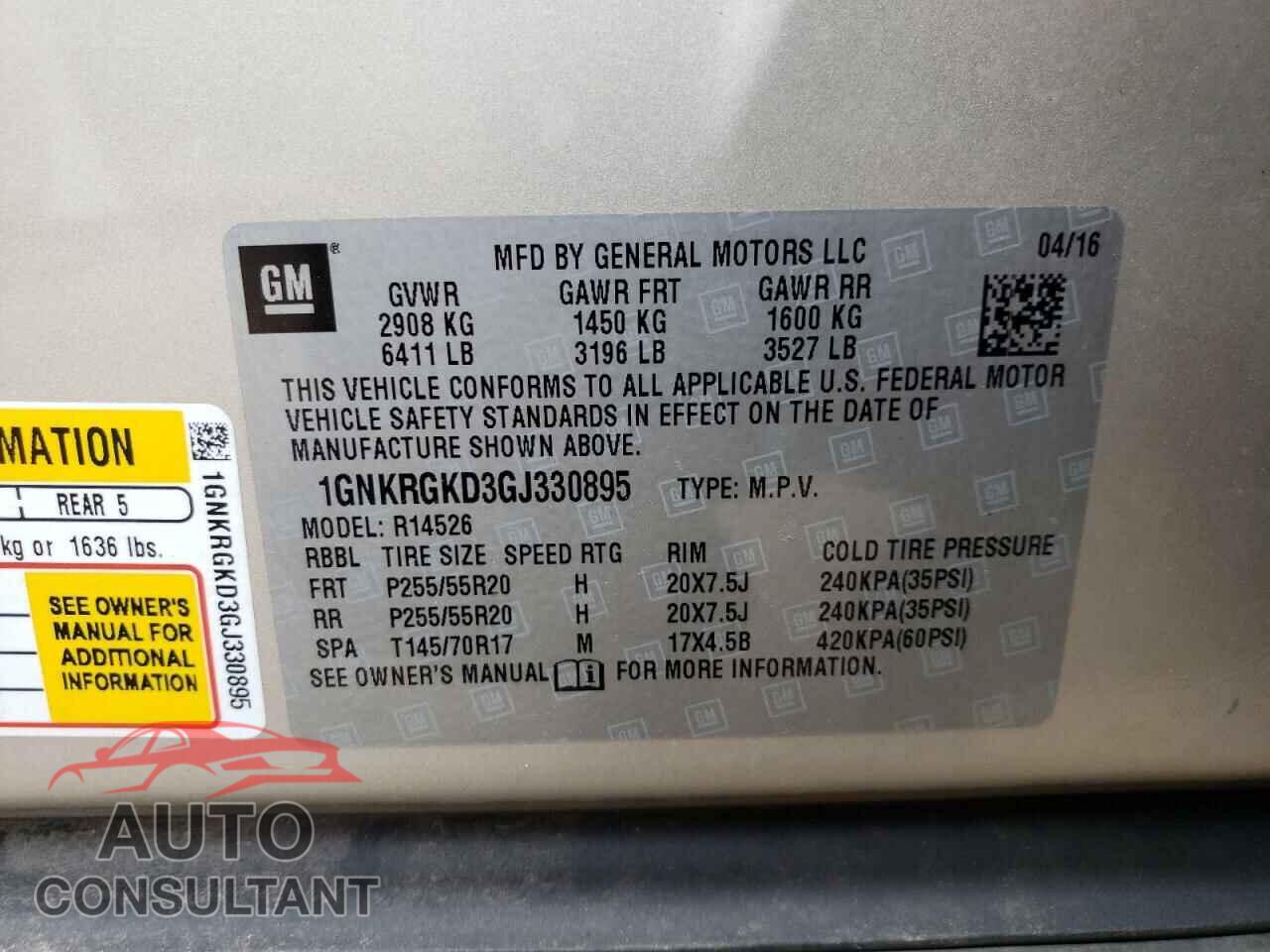 CHEVROLET TRAVERSE 2016 - 1GNKRGKD3GJ330895
