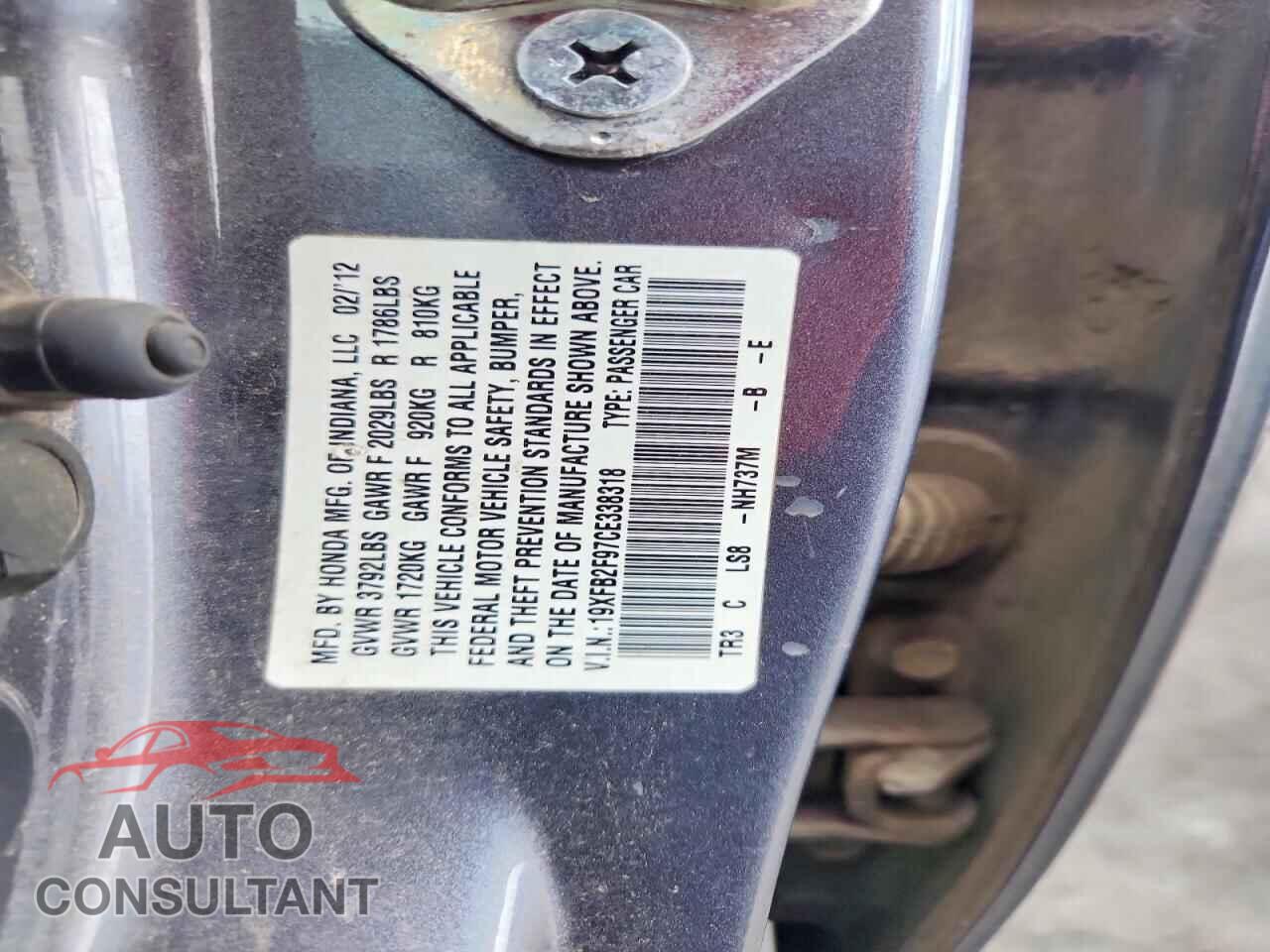 HONDA CIVIC 2012 - 19XFB2F97CE338318