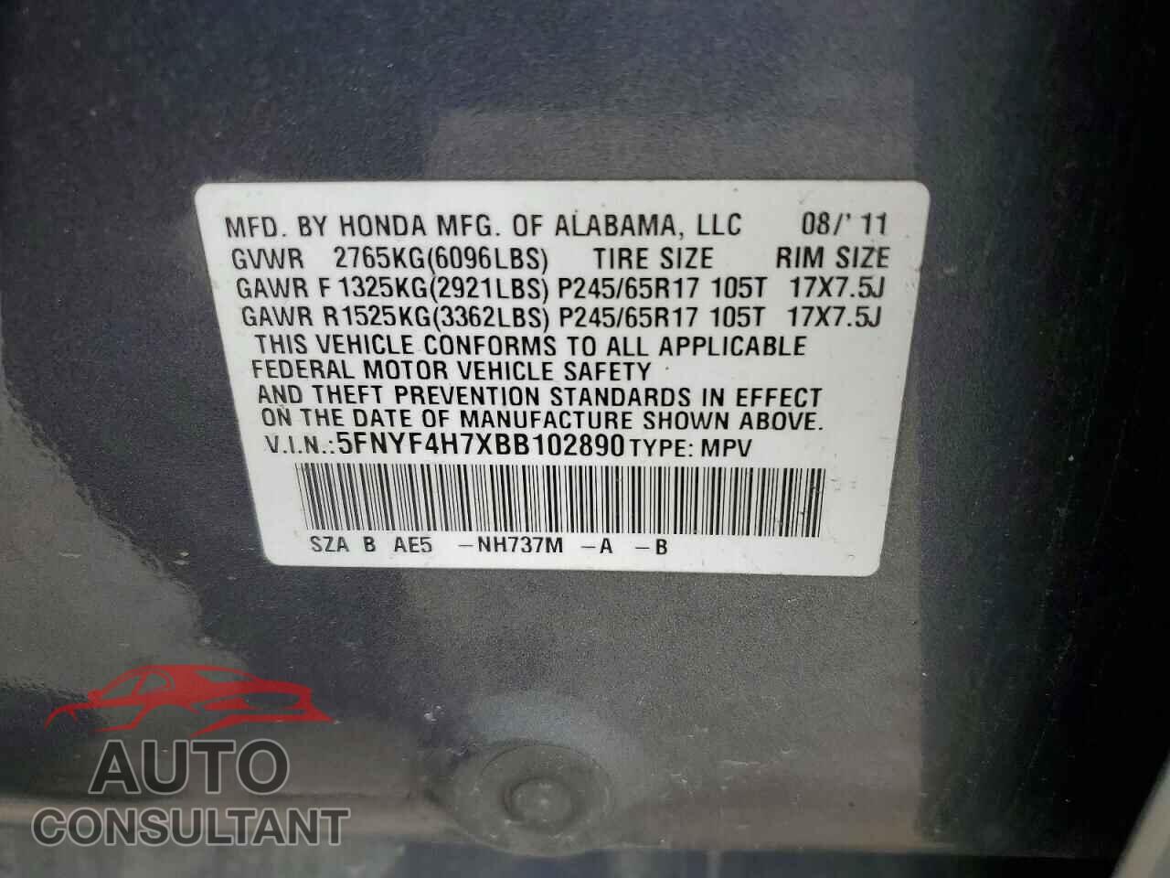 HONDA PILOT 2011 - 5FNYF4H7XBB102890