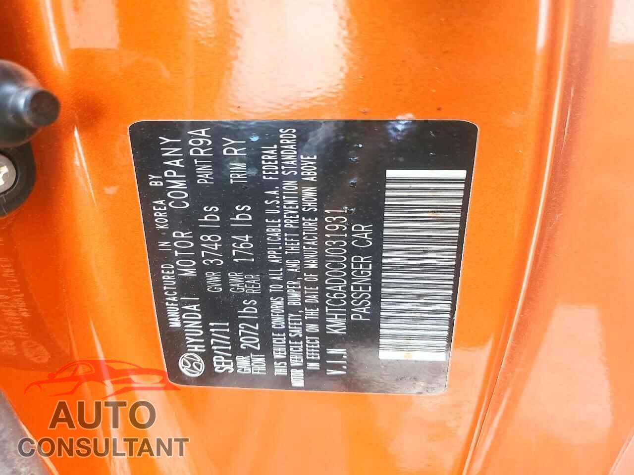 HYUNDAI VELOSTER 2012 - KMHTC6AD0CU031931