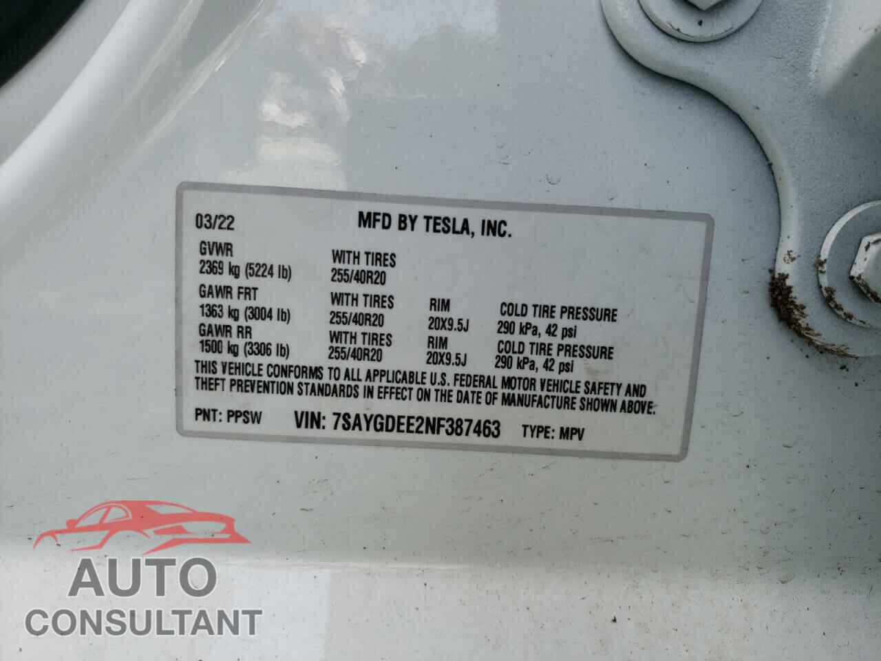 TESLA MODEL Y 2022 - 7SAYGDEE2NF387463