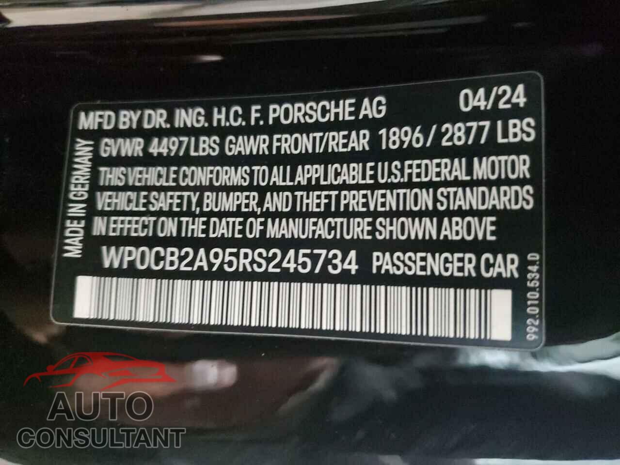 PORSCHE 911 2024 - WP0CB2A95RS245734