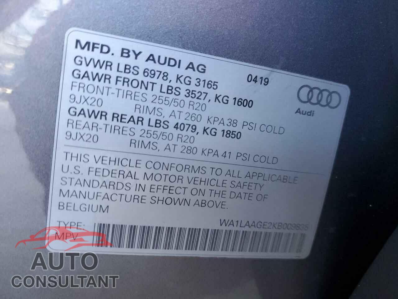 AUDI E-TRON 2019 - WA1LAAGE2KB009835