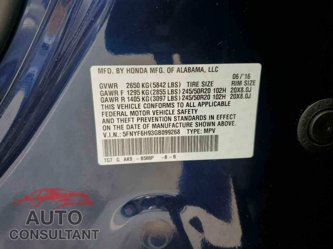 HONDA PILOT 2016 - 5FNYF6H93GB099268
