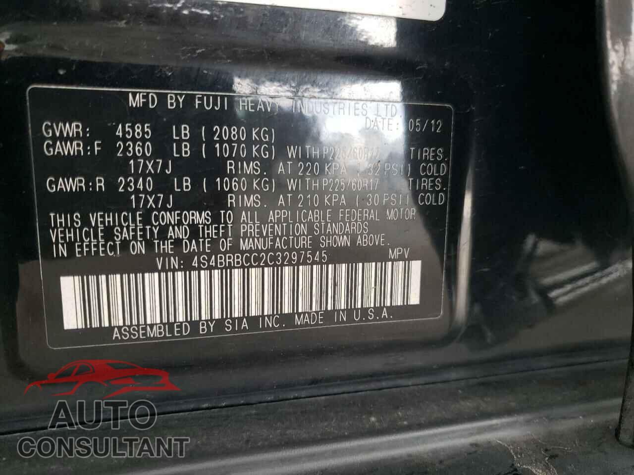SUBARU OUTBACK 2012 - 4S4BRBCC2C3297545