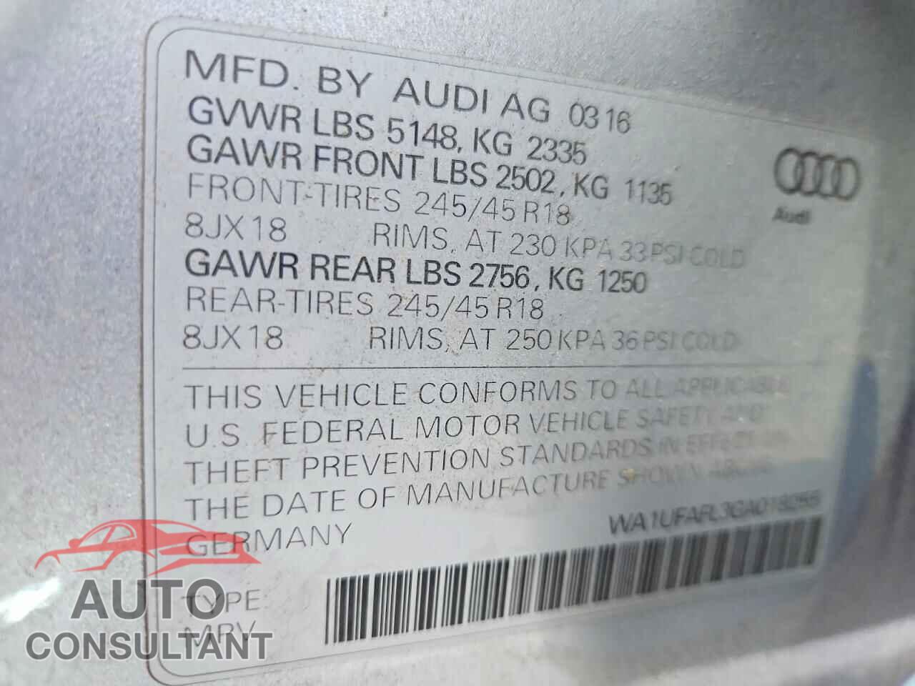 AUDI A4 2016 - WA1UFAFL3GA018255