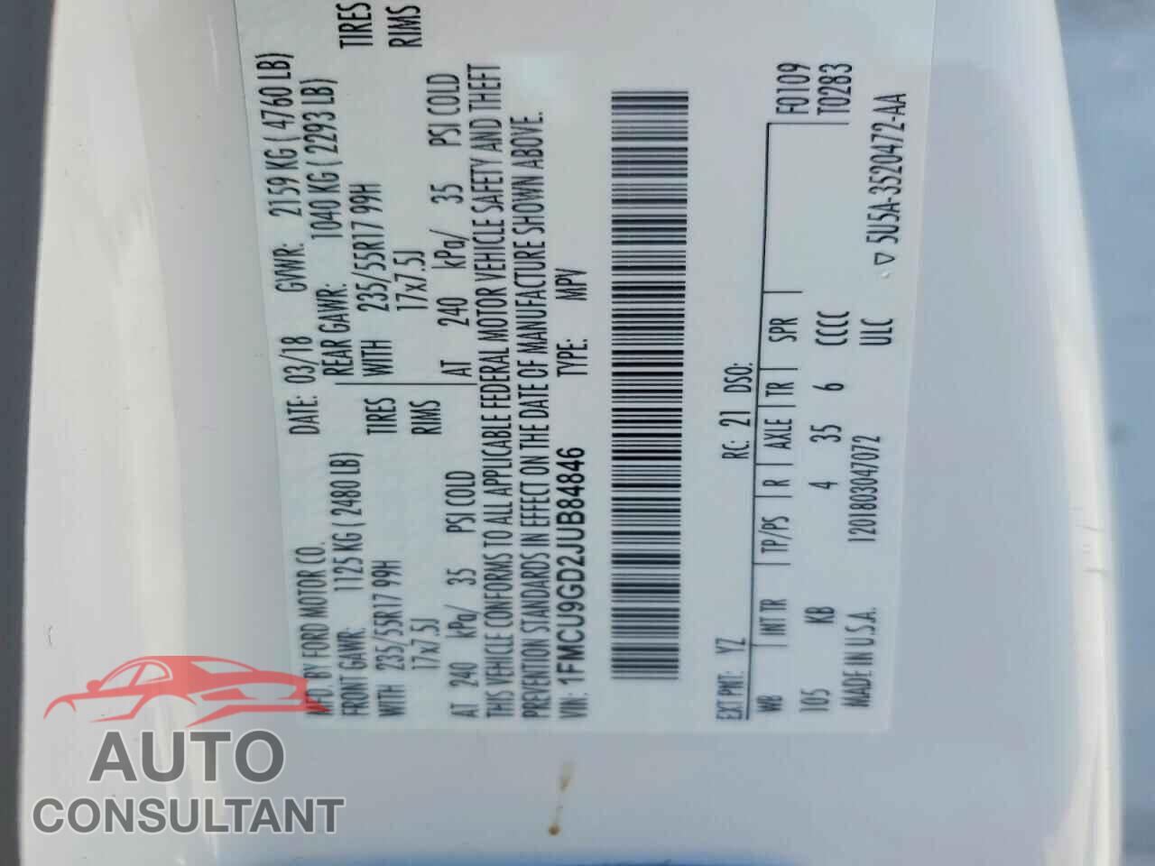 FORD ESCAPE 2018 - 1FMCU9GD2JUB84846