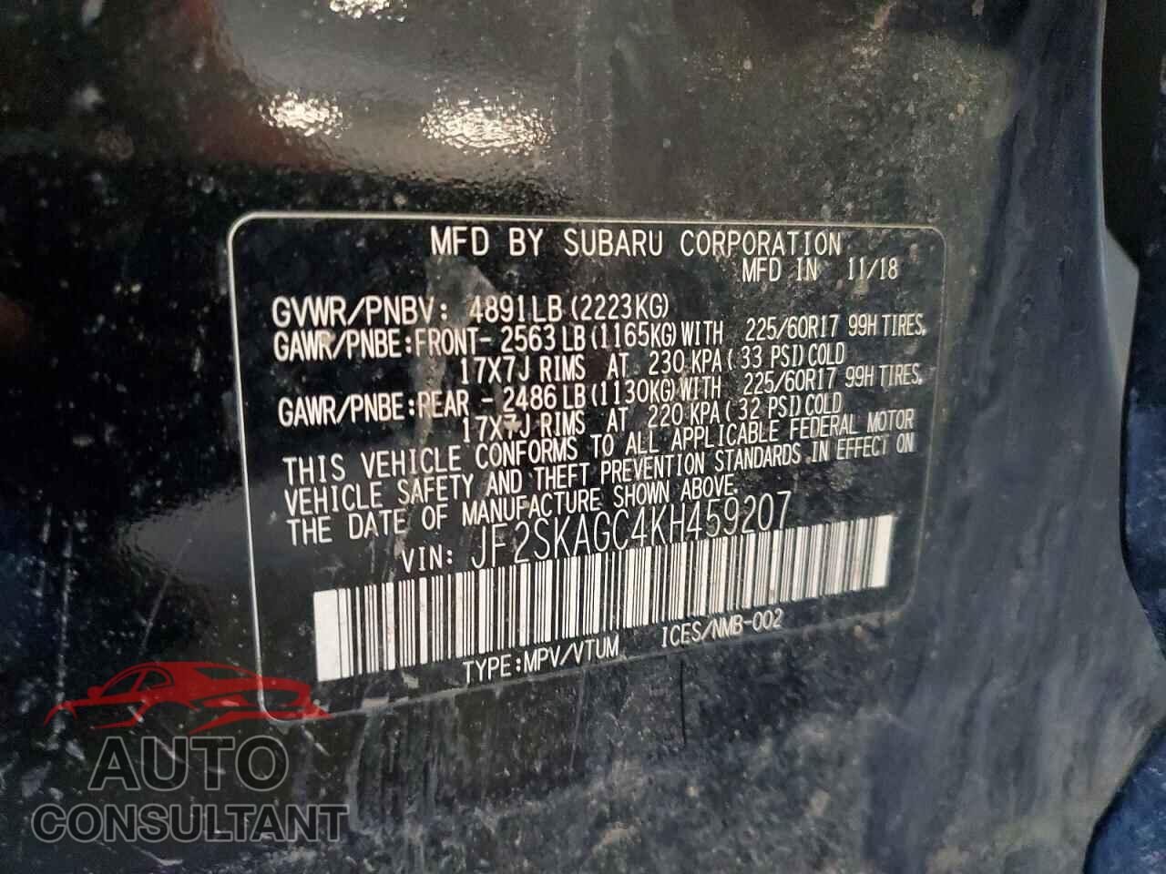 SUBARU FORESTER 2019 - JF2SKAGC4KH459207