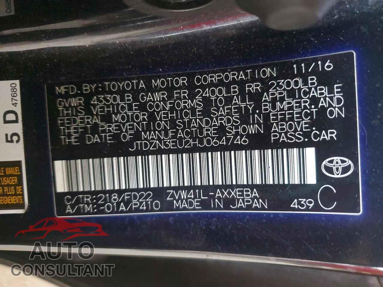 TOYOTA PRIUS 2017 - JTDZN3EU2HJ064746