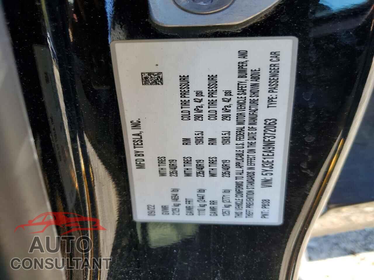 TESLA MODEL 3 2022 - 5YJ3E1EA9NF372063