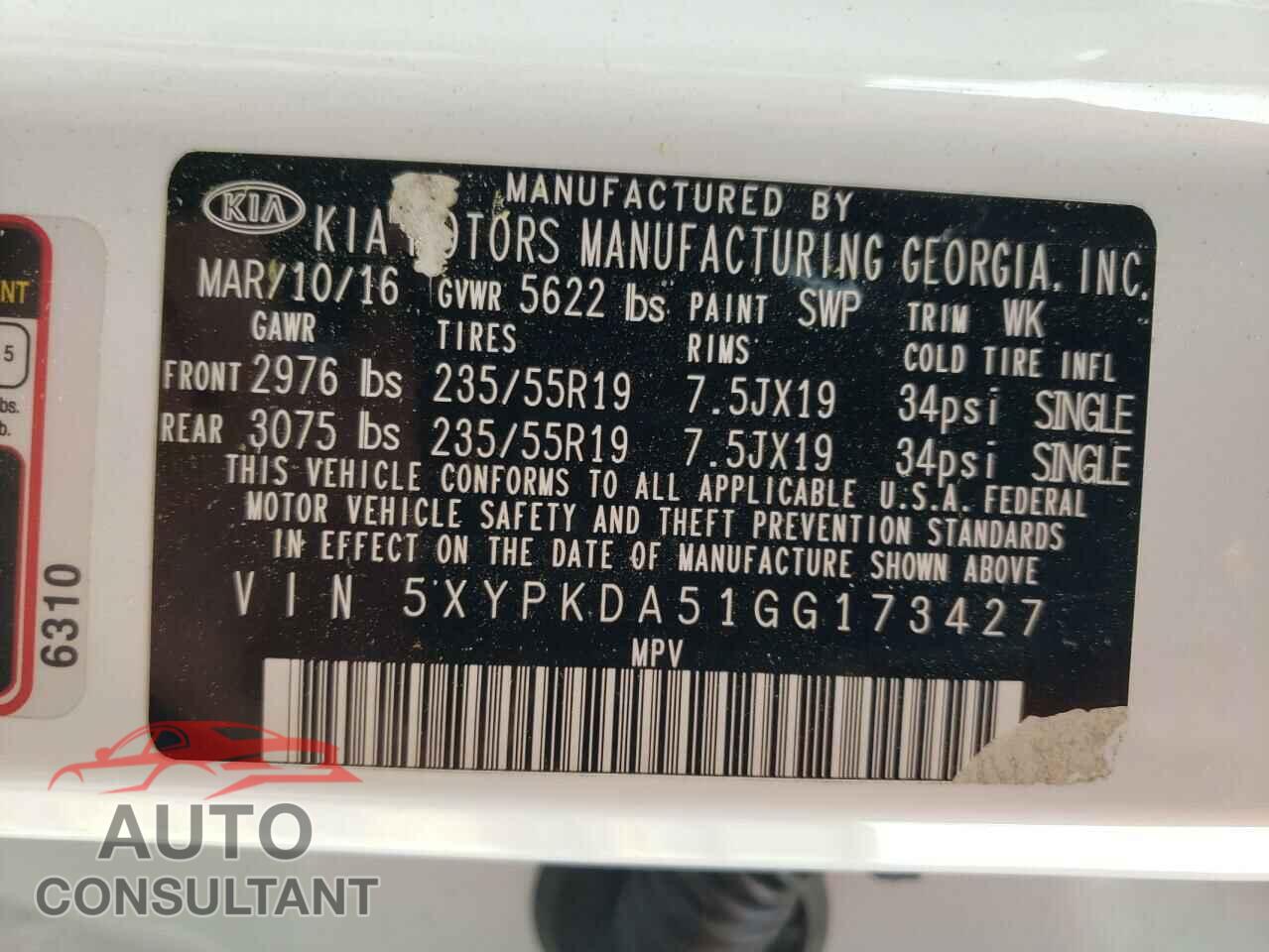 KIA SORENTO 2016 - 5XYPKDA51GG173427