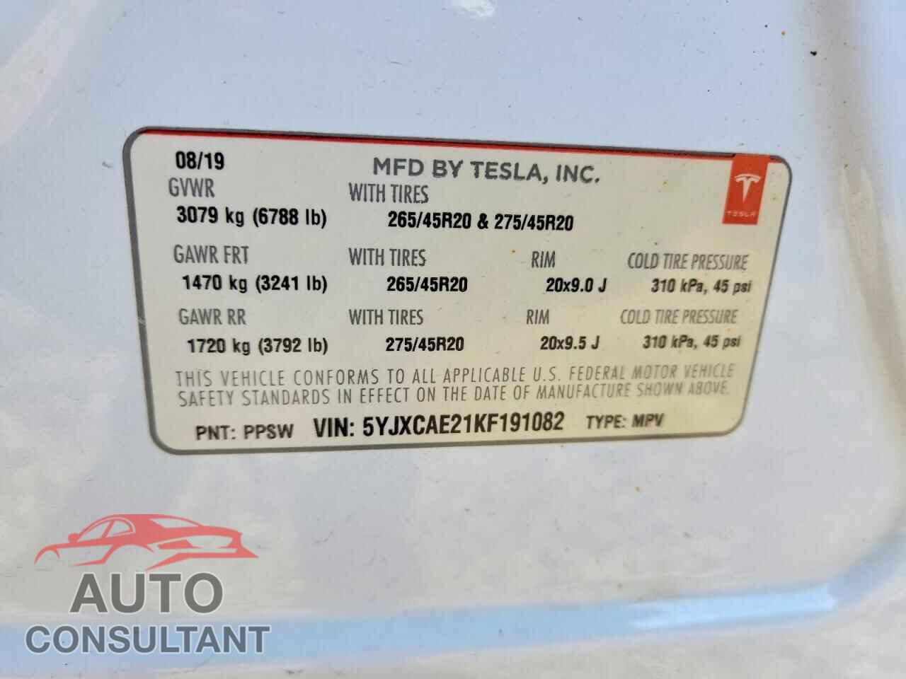 TESLA MODEL X 2019 - 5YJXCAE21KF191082