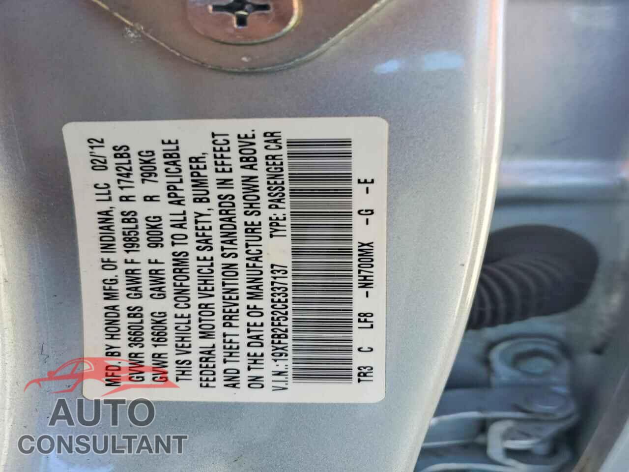 HONDA CIVIC 2012 - 19XFB2F52CE337137