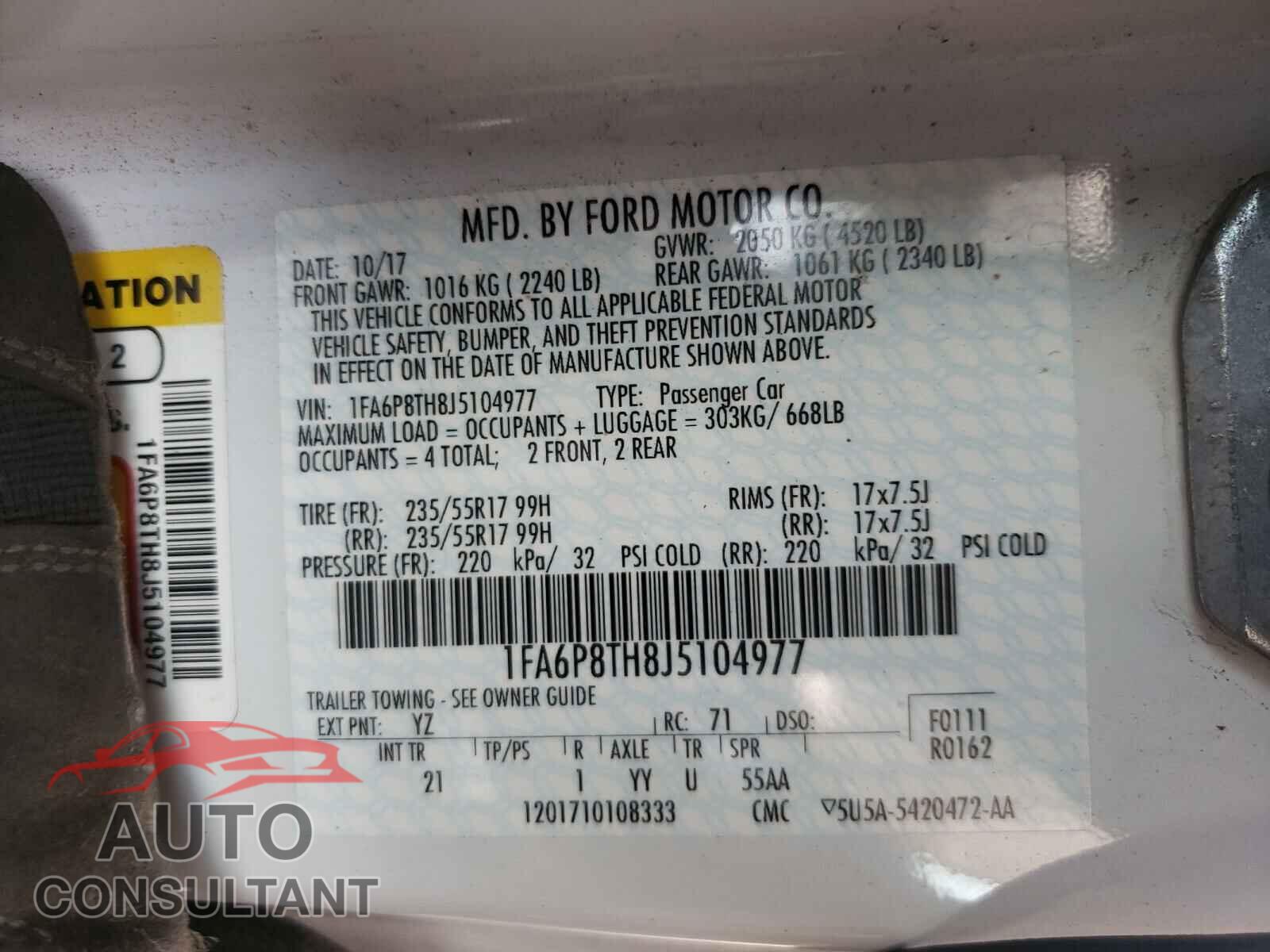 FORD MUSTANG 2018 - 1FA6P8TH8J5104977