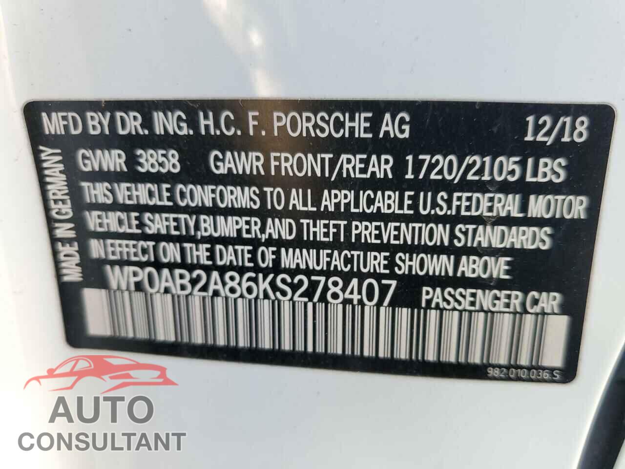 PORSCHE CAYMAN 2019 - WP0AB2A86KS278407
