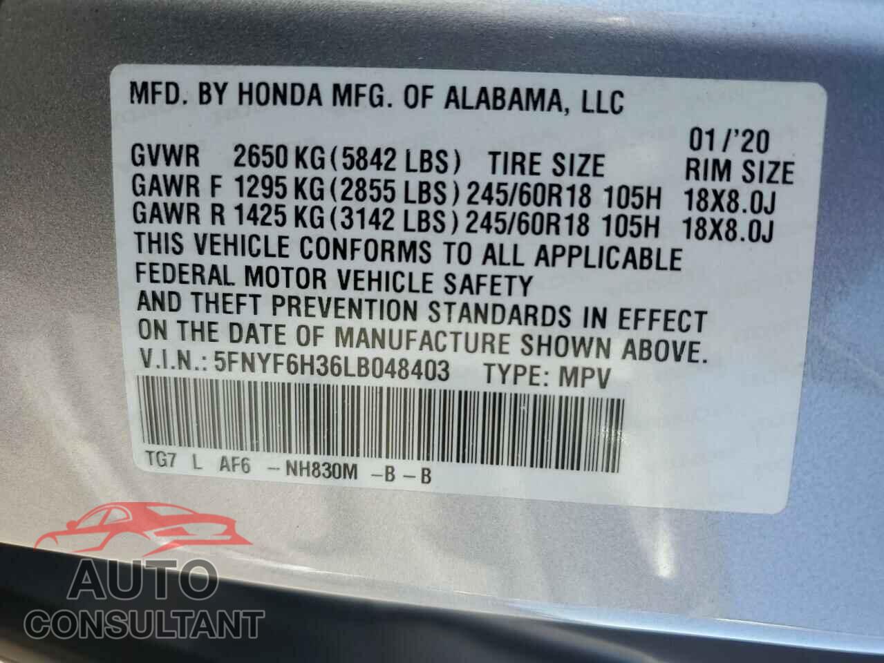 HONDA PILOT 2020 - 5FNYF6H36LB048403
