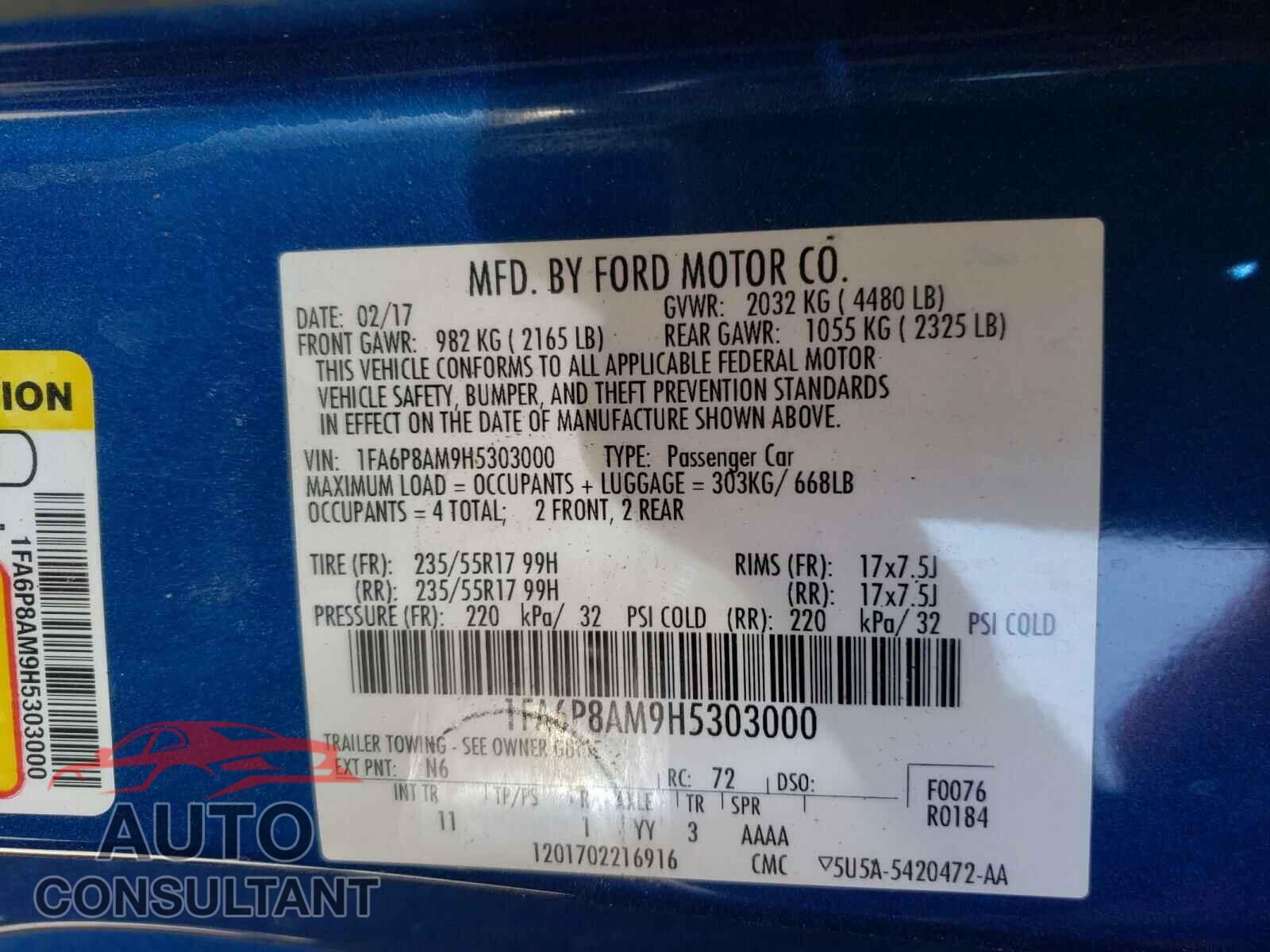 FORD MUSTANG 2017 - 1FA6P8AM9H5303000