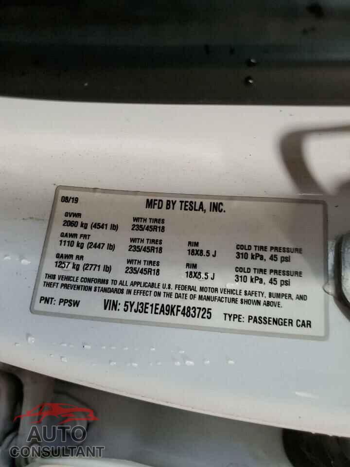 TESLA MODEL 3 2019 - 5YJ3E1EA9KF483725