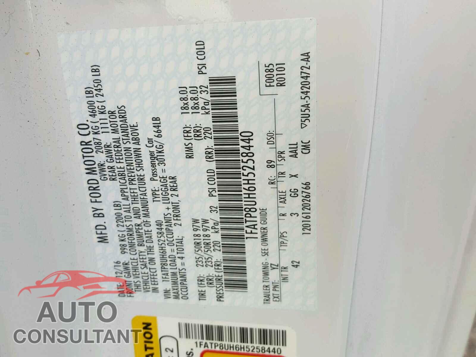 FORD MUSTANG 2017 - 1FATP8UH6H5258440