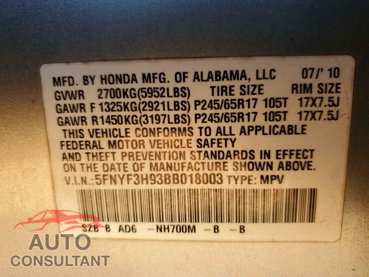 HONDA PILOT 2011 - 5FNYF3H93BB018003