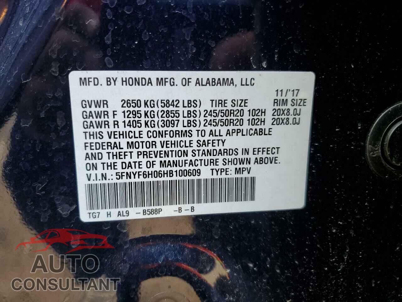 HONDA PILOT 2017 - 5FNYF6H06HB100609