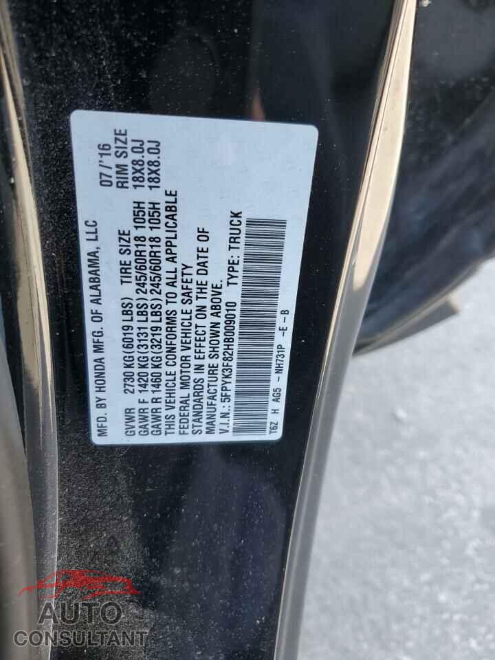 HONDA RIDGELINE 2017 - 5FPYK3F82HB009010
