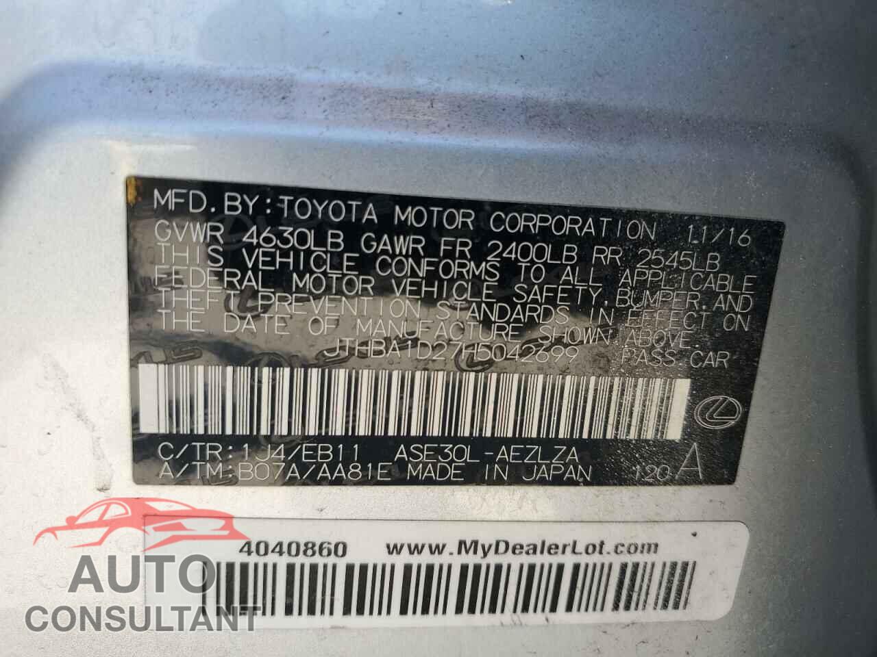 LEXUS IS 2017 - JTHBA1D27H5042699