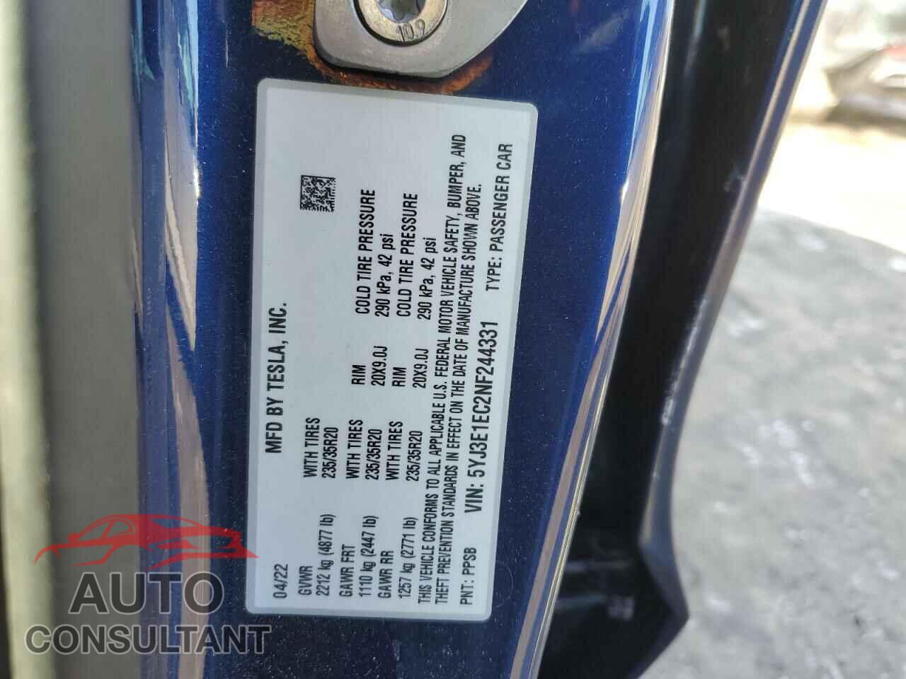 TESLA MODEL 3 2022 - 5YJ3E1EC2NF244331