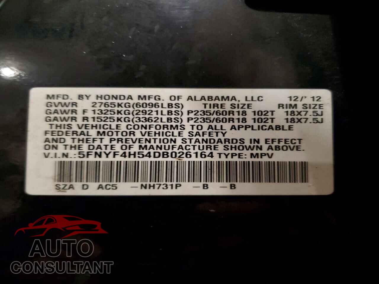 HONDA PILOT 2013 - 5FNYF4H54DB026164