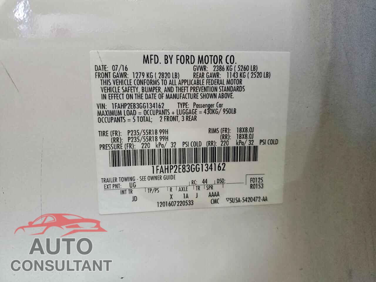 FORD TAURUS 2016 - 1FAHP2E83GG134162