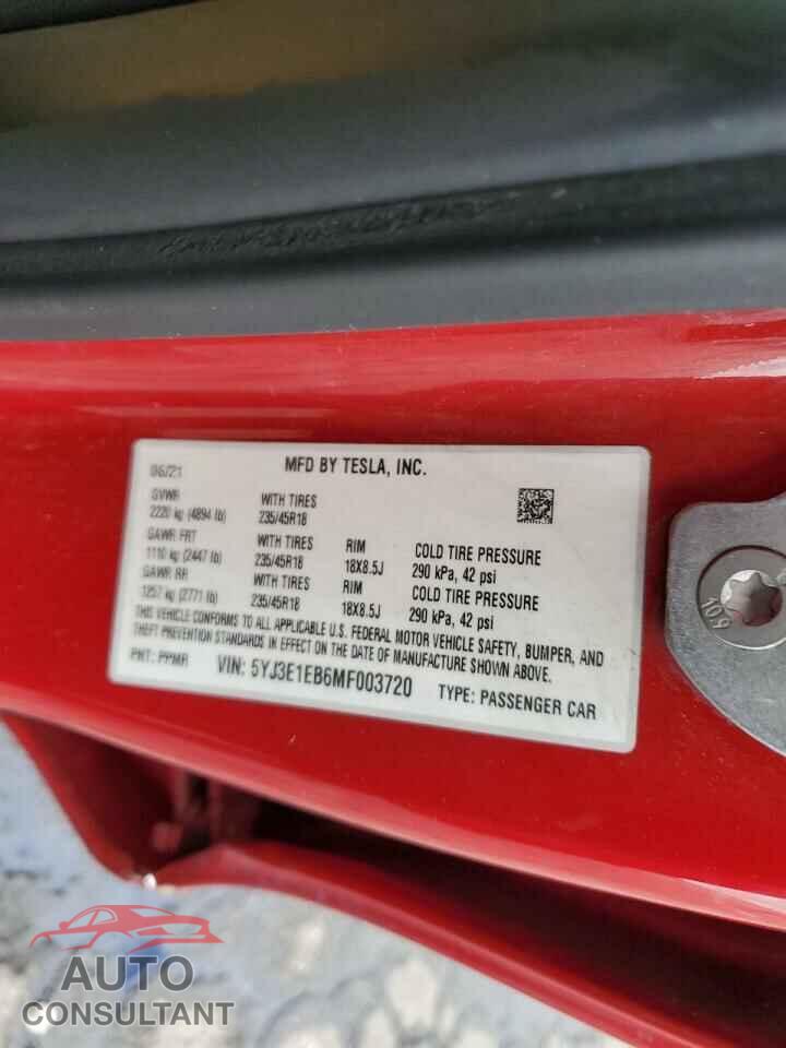 TESLA MODEL 3 2021 - 5YJ3E1EB6MF003720